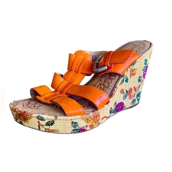 Born Shoes - Born orange leather platform wedge sandals
floral burlap wrapped heel Women’s 9